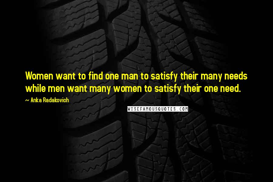 Anka Radakovich Quotes: Women want to find one man to satisfy their many needs while men want many women to satisfy their one need.