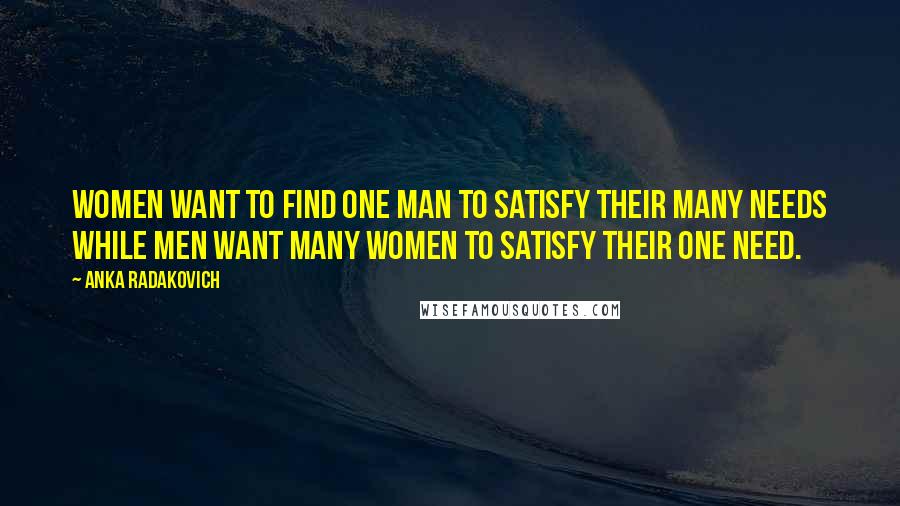 Anka Radakovich Quotes: Women want to find one man to satisfy their many needs while men want many women to satisfy their one need.