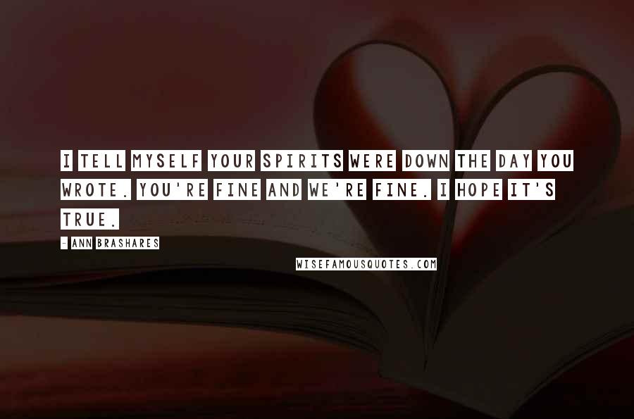 Ann Brashares Quotes: I tell myself your spirits were down the day you wrote. You're fine and we're fine. I hope it's true.