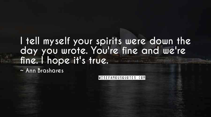 Ann Brashares Quotes: I tell myself your spirits were down the day you wrote. You're fine and we're fine. I hope it's true.