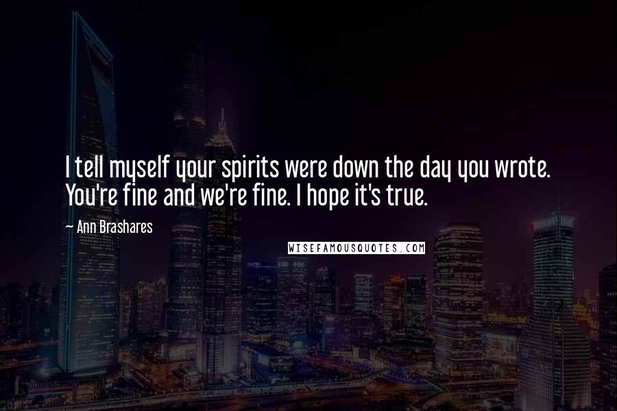 Ann Brashares Quotes: I tell myself your spirits were down the day you wrote. You're fine and we're fine. I hope it's true.