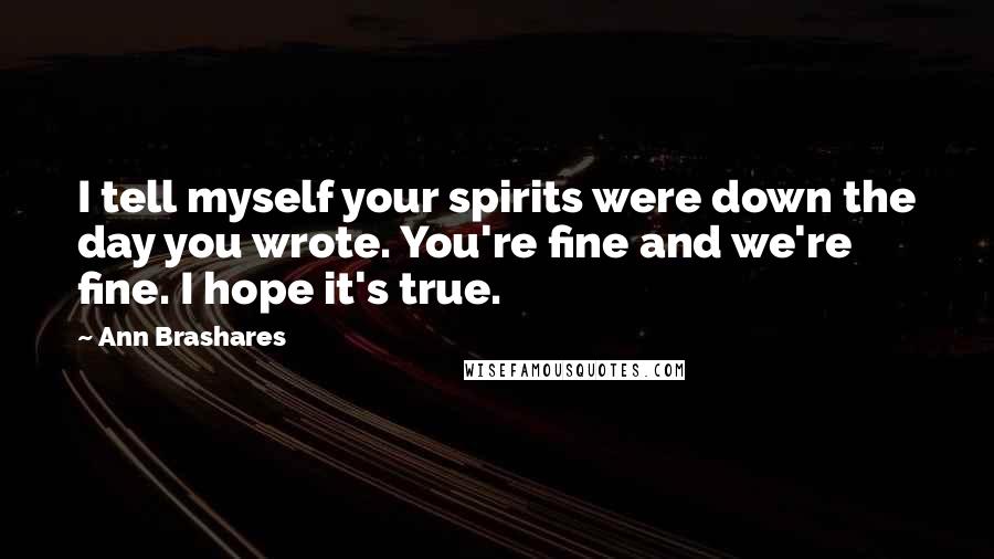 Ann Brashares Quotes: I tell myself your spirits were down the day you wrote. You're fine and we're fine. I hope it's true.