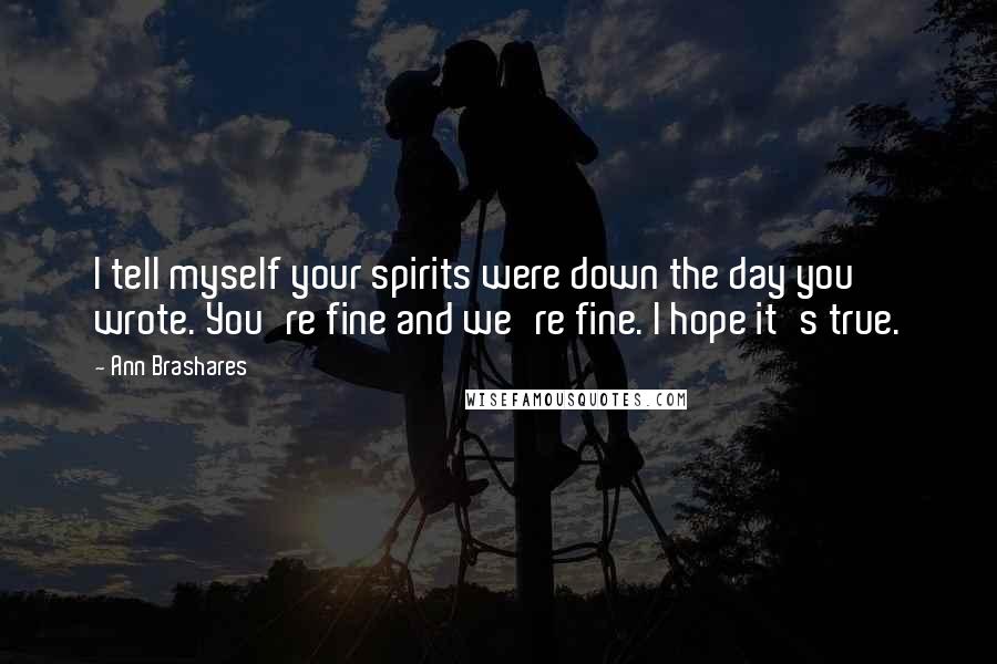 Ann Brashares Quotes: I tell myself your spirits were down the day you wrote. You're fine and we're fine. I hope it's true.