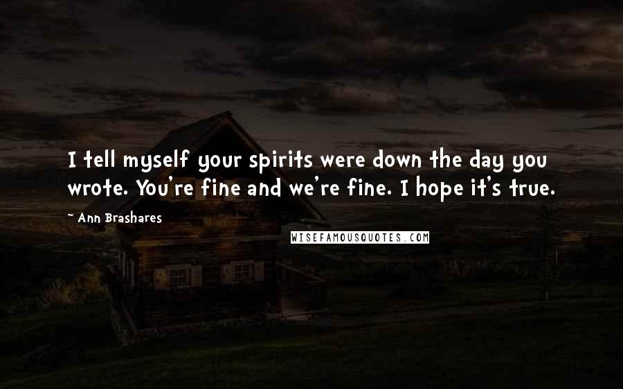 Ann Brashares Quotes: I tell myself your spirits were down the day you wrote. You're fine and we're fine. I hope it's true.