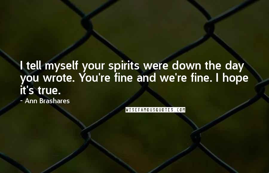Ann Brashares Quotes: I tell myself your spirits were down the day you wrote. You're fine and we're fine. I hope it's true.