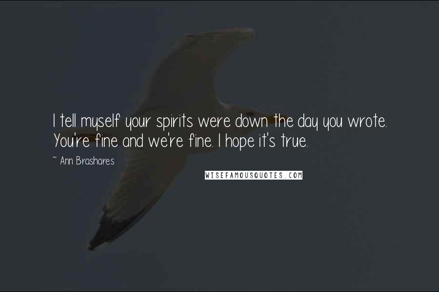 Ann Brashares Quotes: I tell myself your spirits were down the day you wrote. You're fine and we're fine. I hope it's true.