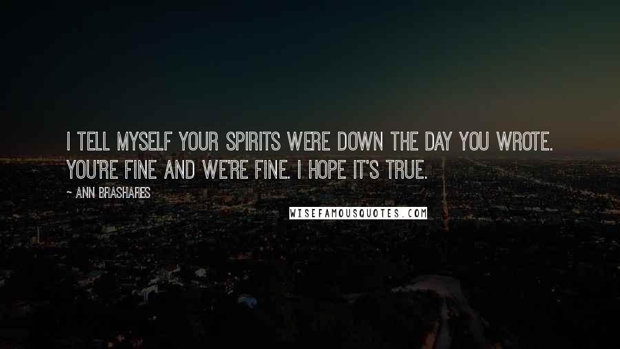 Ann Brashares Quotes: I tell myself your spirits were down the day you wrote. You're fine and we're fine. I hope it's true.