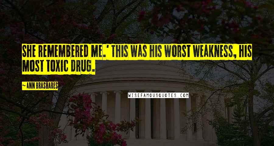 Ann Brashares Quotes: She remembered me.' This was his worst weakness, his most toxic drug.