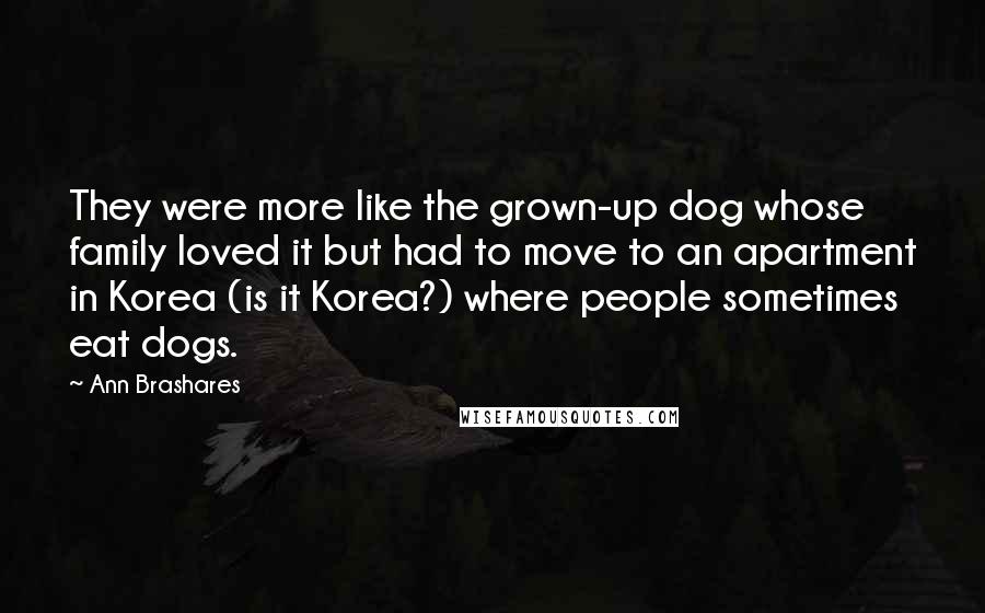 Ann Brashares Quotes: They were more like the grown-up dog whose family loved it but had to move to an apartment in Korea (is it Korea?) where people sometimes eat dogs.