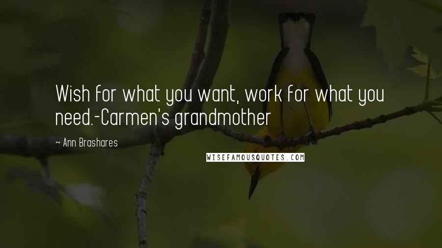 Ann Brashares Quotes: Wish for what you want, work for what you need.-Carmen's grandmother
