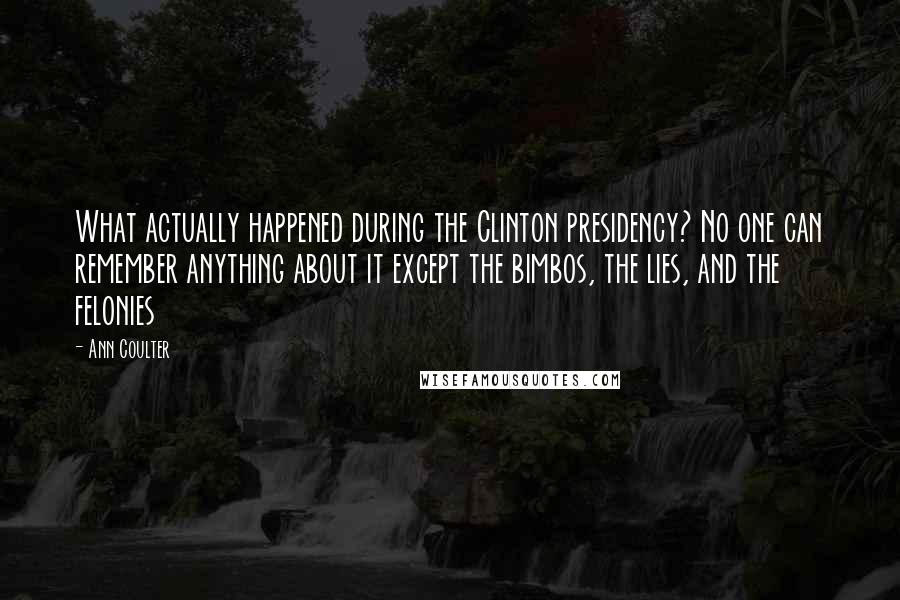 Ann Coulter Quotes: What actually happened during the Clinton presidency? No one can remember anything about it except the bimbos, the lies, and the felonies