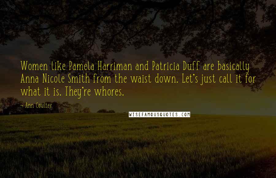 Ann Coulter Quotes: Women like Pamela Harriman and Patricia Duff are basically Anna Nicole Smith from the waist down. Let's just call it for what it is. They're whores.