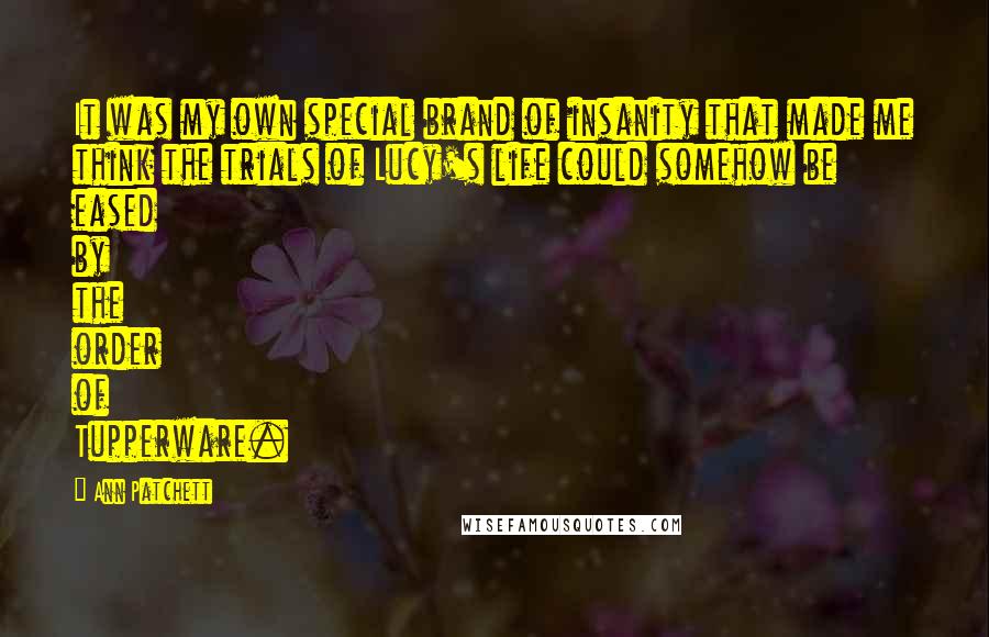 Ann Patchett Quotes: It was my own special brand of insanity that made me think the trials of Lucy's life could somehow be eased by the order of Tupperware.
