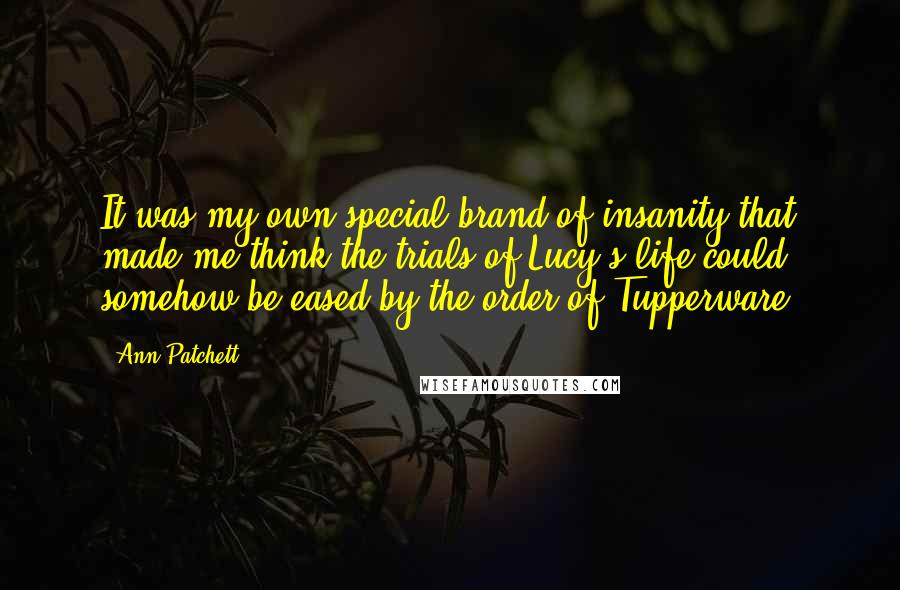 Ann Patchett Quotes: It was my own special brand of insanity that made me think the trials of Lucy's life could somehow be eased by the order of Tupperware.