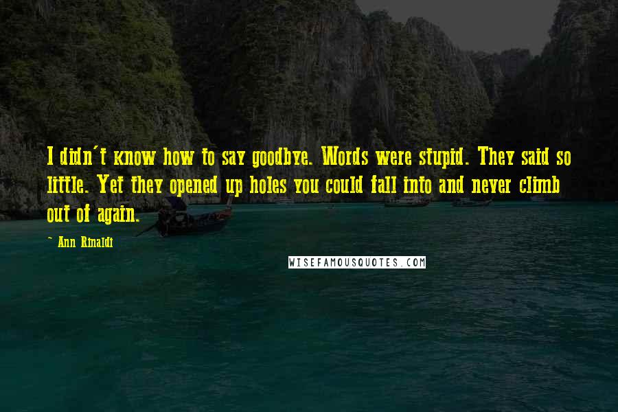 Ann Rinaldi Quotes: I didn't know how to say goodbye. Words were stupid. They said so little. Yet they opened up holes you could fall into and never climb out of again.