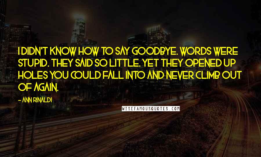 Ann Rinaldi Quotes: I didn't know how to say goodbye. Words were stupid. They said so little. Yet they opened up holes you could fall into and never climb out of again.