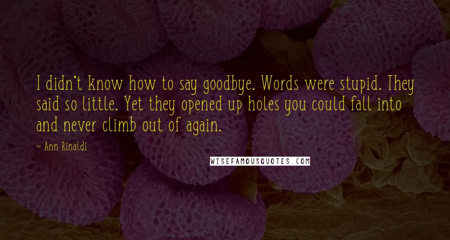 Ann Rinaldi Quotes: I didn't know how to say goodbye. Words were stupid. They said so little. Yet they opened up holes you could fall into and never climb out of again.