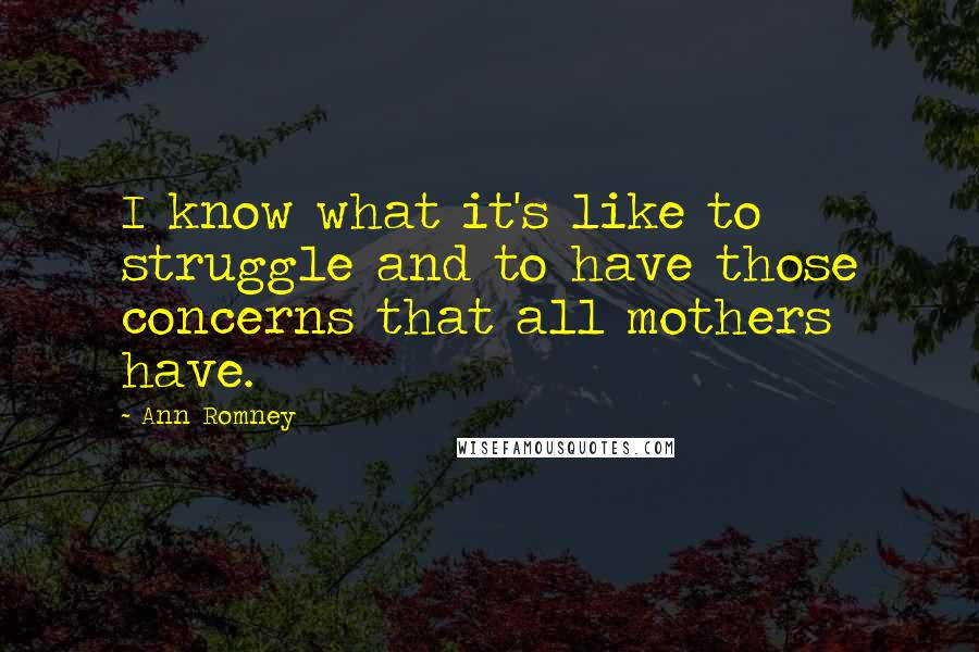 Ann Romney Quotes: I know what it's like to struggle and to have those concerns that all mothers have.