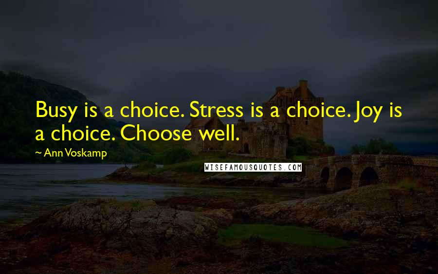Ann Voskamp Quotes: Busy is a choice. Stress is a choice. Joy is a choice. Choose well.