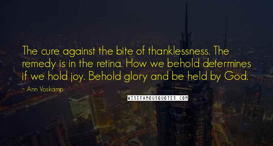 Ann Voskamp Quotes: The cure against the bite of thanklessness. The remedy is in the retina. How we behold determines if we hold joy. Behold glory and be held by God.