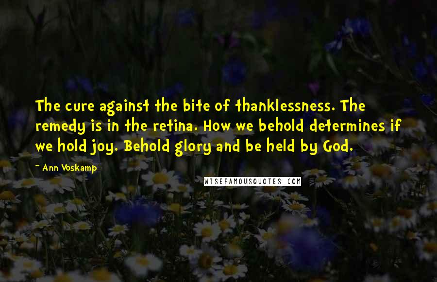 Ann Voskamp Quotes: The cure against the bite of thanklessness. The remedy is in the retina. How we behold determines if we hold joy. Behold glory and be held by God.