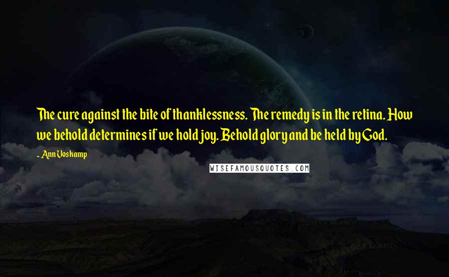 Ann Voskamp Quotes: The cure against the bite of thanklessness. The remedy is in the retina. How we behold determines if we hold joy. Behold glory and be held by God.