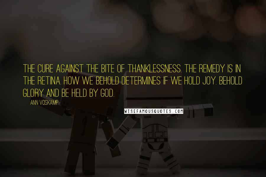 Ann Voskamp Quotes: The cure against the bite of thanklessness. The remedy is in the retina. How we behold determines if we hold joy. Behold glory and be held by God.
