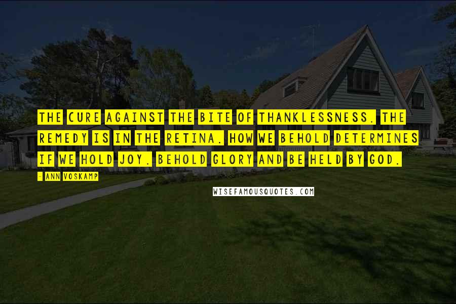 Ann Voskamp Quotes: The cure against the bite of thanklessness. The remedy is in the retina. How we behold determines if we hold joy. Behold glory and be held by God.