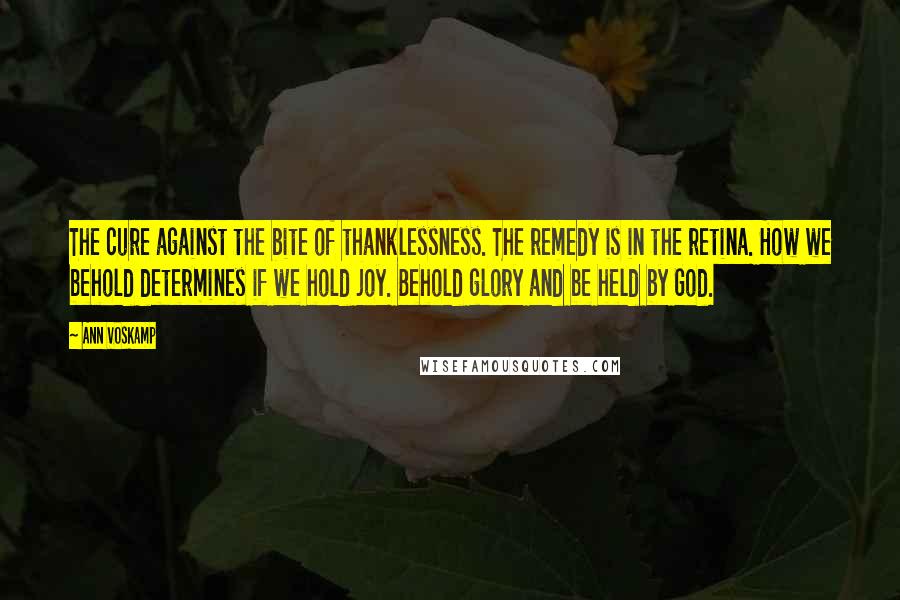 Ann Voskamp Quotes: The cure against the bite of thanklessness. The remedy is in the retina. How we behold determines if we hold joy. Behold glory and be held by God.