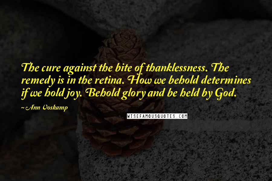 Ann Voskamp Quotes: The cure against the bite of thanklessness. The remedy is in the retina. How we behold determines if we hold joy. Behold glory and be held by God.