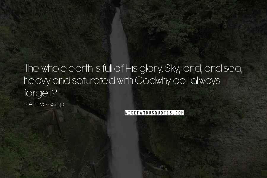 Ann Voskamp Quotes: The whole earth is full of His glory. Sky, land, and sea, heavy and saturated with Godwhy do I always forget?