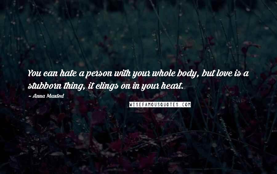 Anna Maxted Quotes: You can hate a person with your whole body, but love is a stubborn thing, it clings on in your heart.