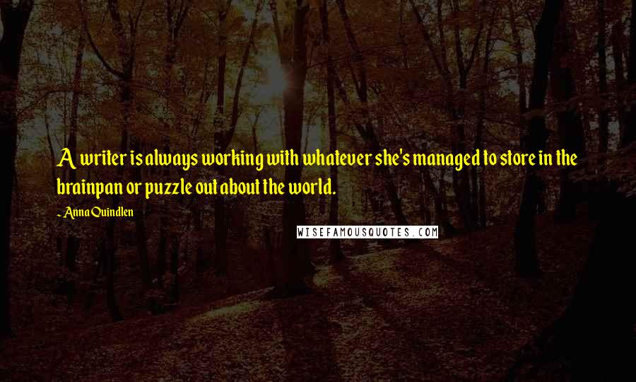 Anna Quindlen Quotes: A writer is always working with whatever she's managed to store in the brainpan or puzzle out about the world.