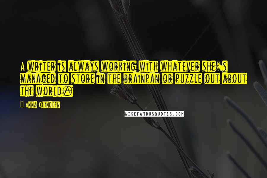 Anna Quindlen Quotes: A writer is always working with whatever she's managed to store in the brainpan or puzzle out about the world.