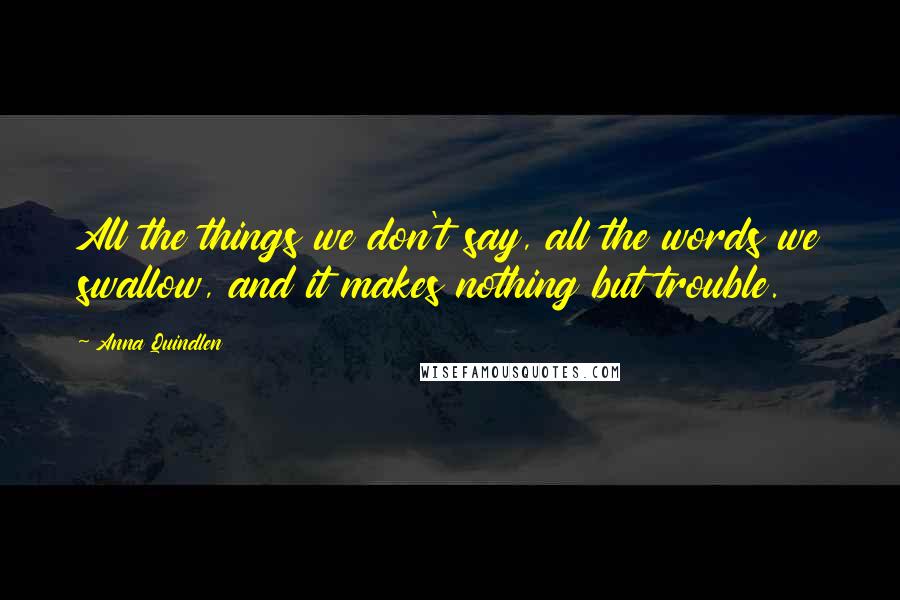 Anna Quindlen Quotes: All the things we don't say, all the words we swallow, and it makes nothing but trouble.