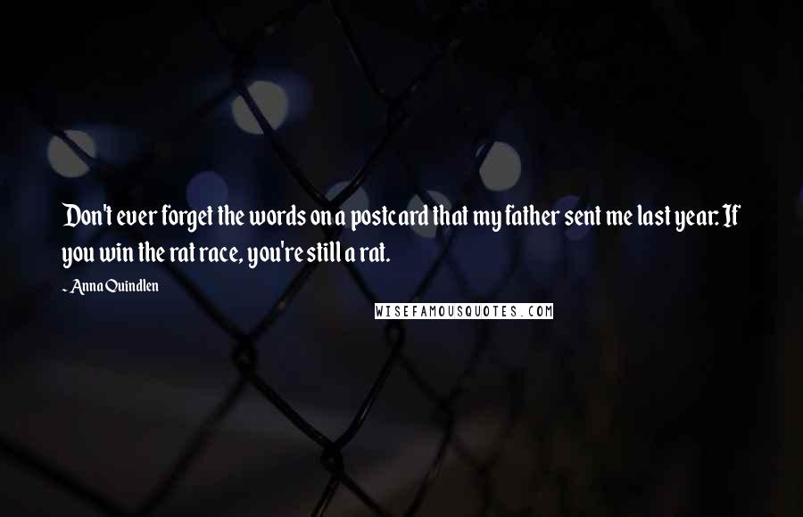 Anna Quindlen Quotes: Don't ever forget the words on a postcard that my father sent me last year: If you win the rat race, you're still a rat.