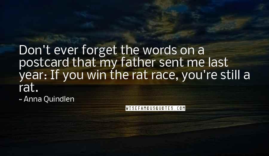 Anna Quindlen Quotes: Don't ever forget the words on a postcard that my father sent me last year: If you win the rat race, you're still a rat.