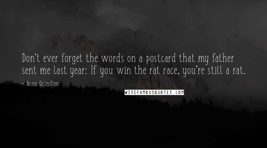 Anna Quindlen Quotes: Don't ever forget the words on a postcard that my father sent me last year: If you win the rat race, you're still a rat.