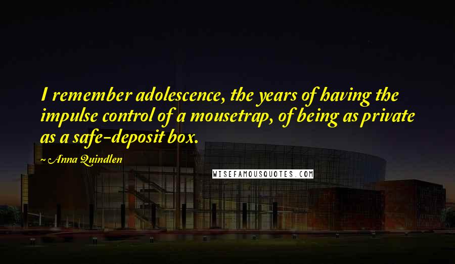 Anna Quindlen Quotes: I remember adolescence, the years of having the impulse control of a mousetrap, of being as private as a safe-deposit box.