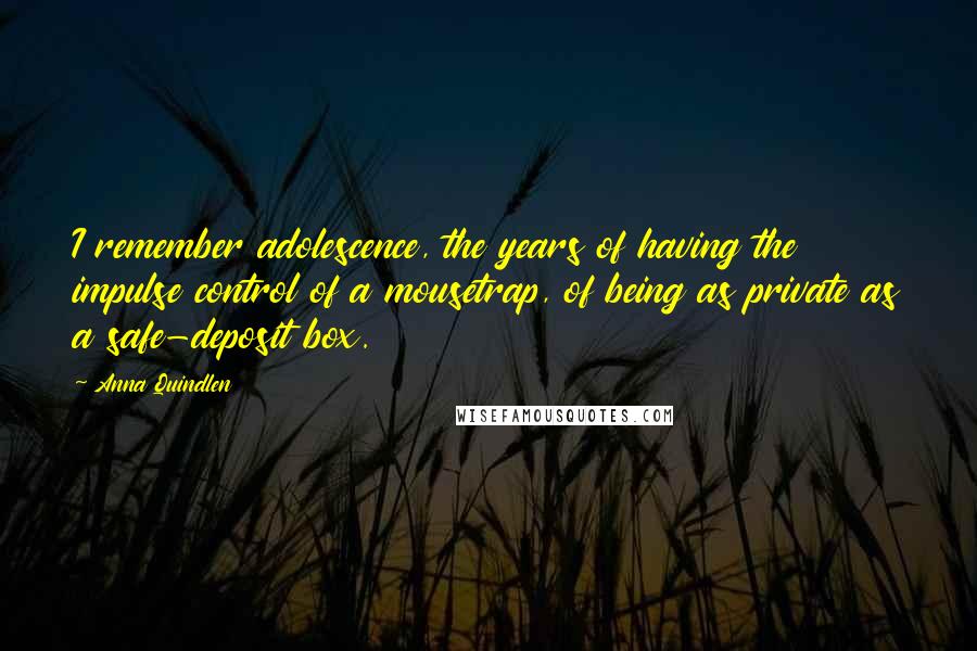 Anna Quindlen Quotes: I remember adolescence, the years of having the impulse control of a mousetrap, of being as private as a safe-deposit box.