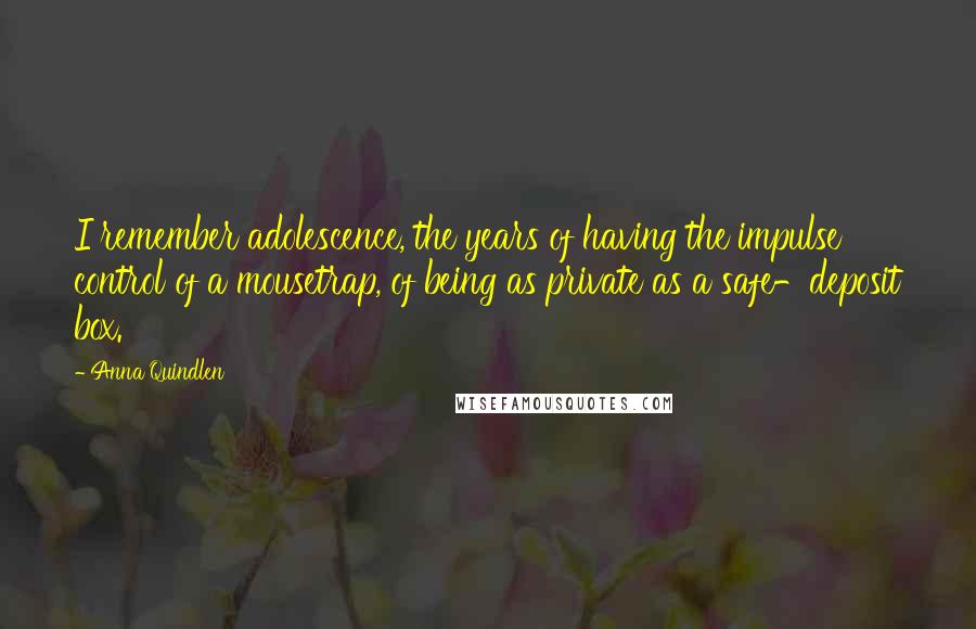 Anna Quindlen Quotes: I remember adolescence, the years of having the impulse control of a mousetrap, of being as private as a safe-deposit box.