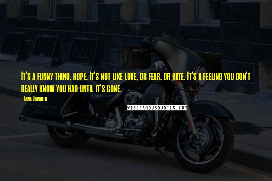 Anna Quindlen Quotes: It's a funny thing, hope. It's not like love, or fear, or hate. It's a feeling you don't really know you had until it's gone.