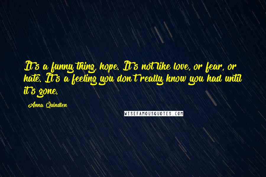 Anna Quindlen Quotes: It's a funny thing, hope. It's not like love, or fear, or hate. It's a feeling you don't really know you had until it's gone.