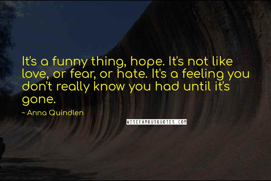 Anna Quindlen Quotes: It's a funny thing, hope. It's not like love, or fear, or hate. It's a feeling you don't really know you had until it's gone.