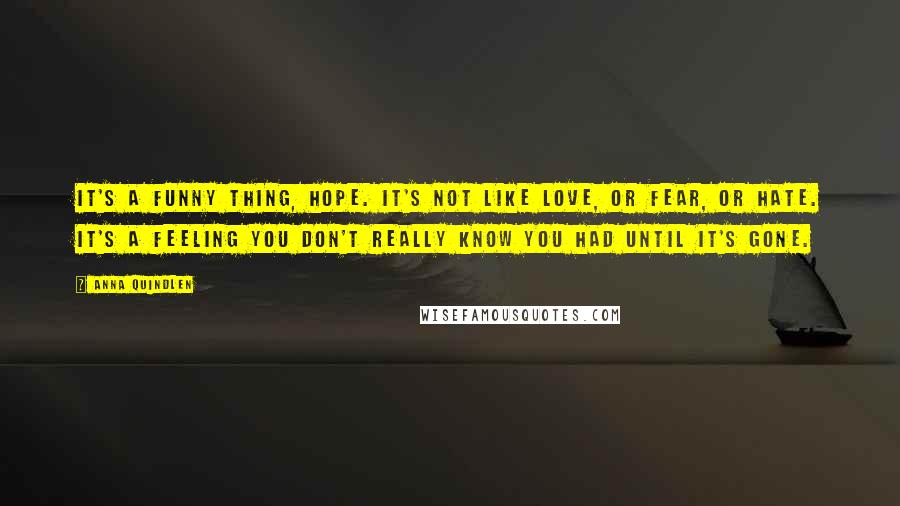 Anna Quindlen Quotes: It's a funny thing, hope. It's not like love, or fear, or hate. It's a feeling you don't really know you had until it's gone.