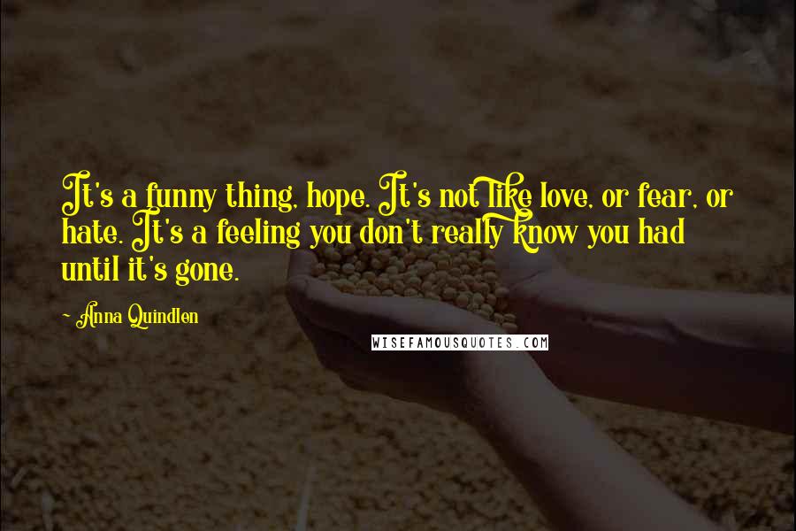 Anna Quindlen Quotes: It's a funny thing, hope. It's not like love, or fear, or hate. It's a feeling you don't really know you had until it's gone.