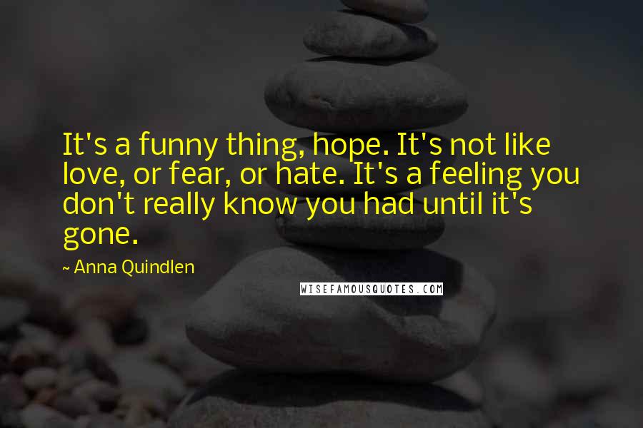 Anna Quindlen Quotes: It's a funny thing, hope. It's not like love, or fear, or hate. It's a feeling you don't really know you had until it's gone.