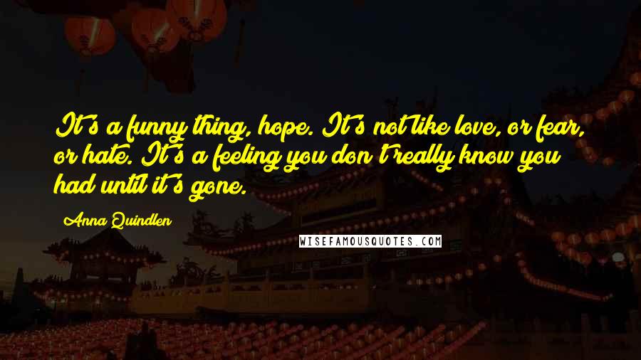 Anna Quindlen Quotes: It's a funny thing, hope. It's not like love, or fear, or hate. It's a feeling you don't really know you had until it's gone.