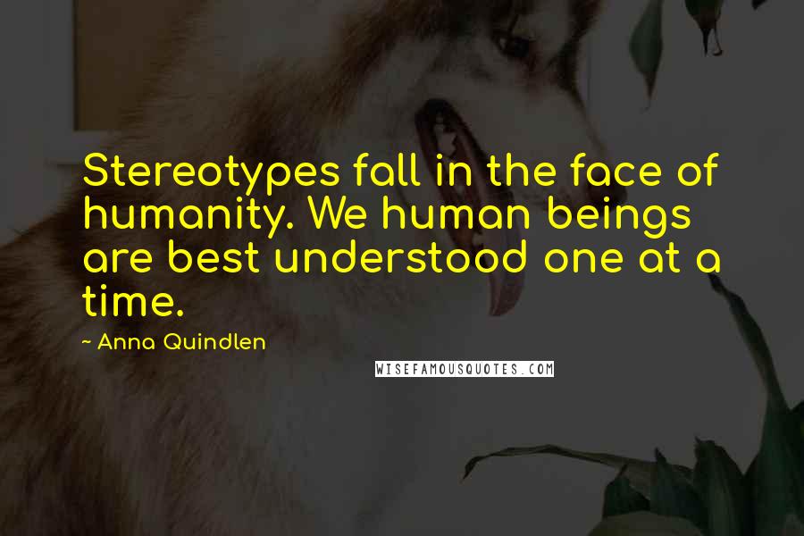 Anna Quindlen Quotes: Stereotypes fall in the face of humanity. We human beings are best understood one at a time.