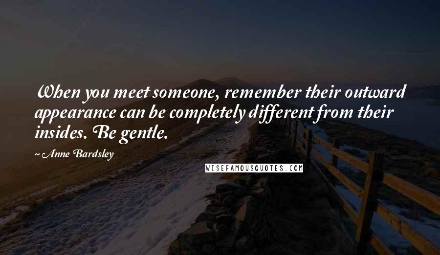 Anne Bardsley Quotes: When you meet someone, remember their outward appearance can be completely different from their insides. Be gentle.